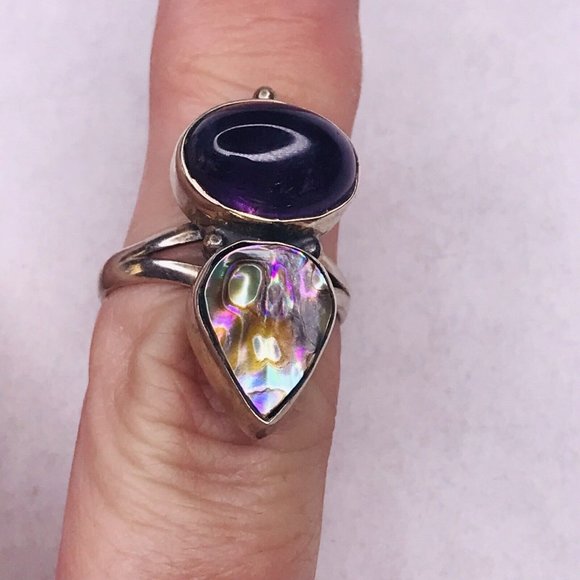 Sterling Silver Ring Amethyst Abalone Cab Stones Size 7 925 Night Signed - Picture 10 of 10